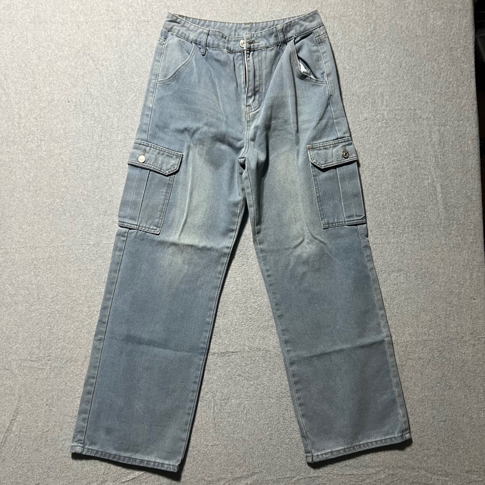 Unbranded Light Wash Blue Wide Leg Cargo Jeans High Rise Baggy Denim Size L